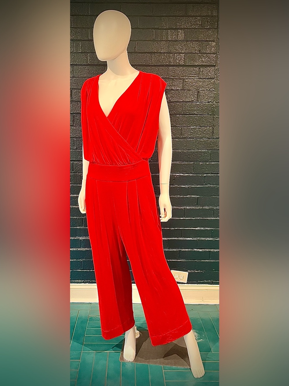 CAbi Bold Red Velvet V-Neck Jumpsuit